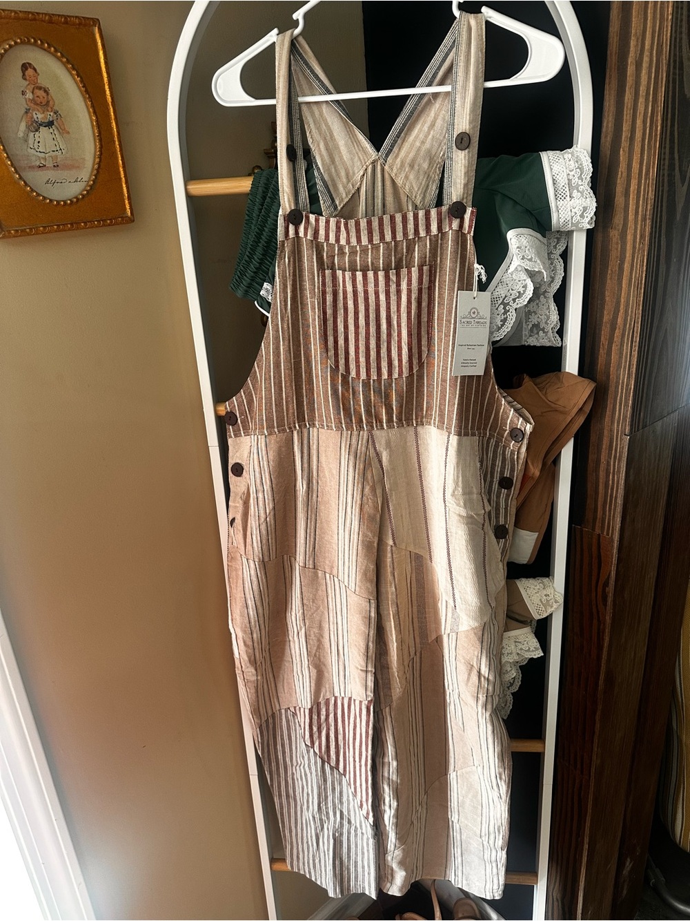 Sacred Threads Striped Beige & Brown Patchwork Overalls